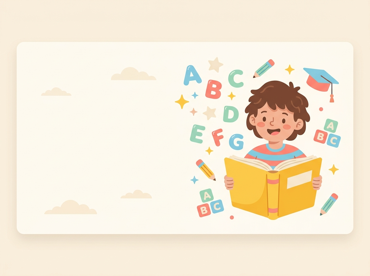 Ilustração de criança lendo um livro cercada de letras e estrelas